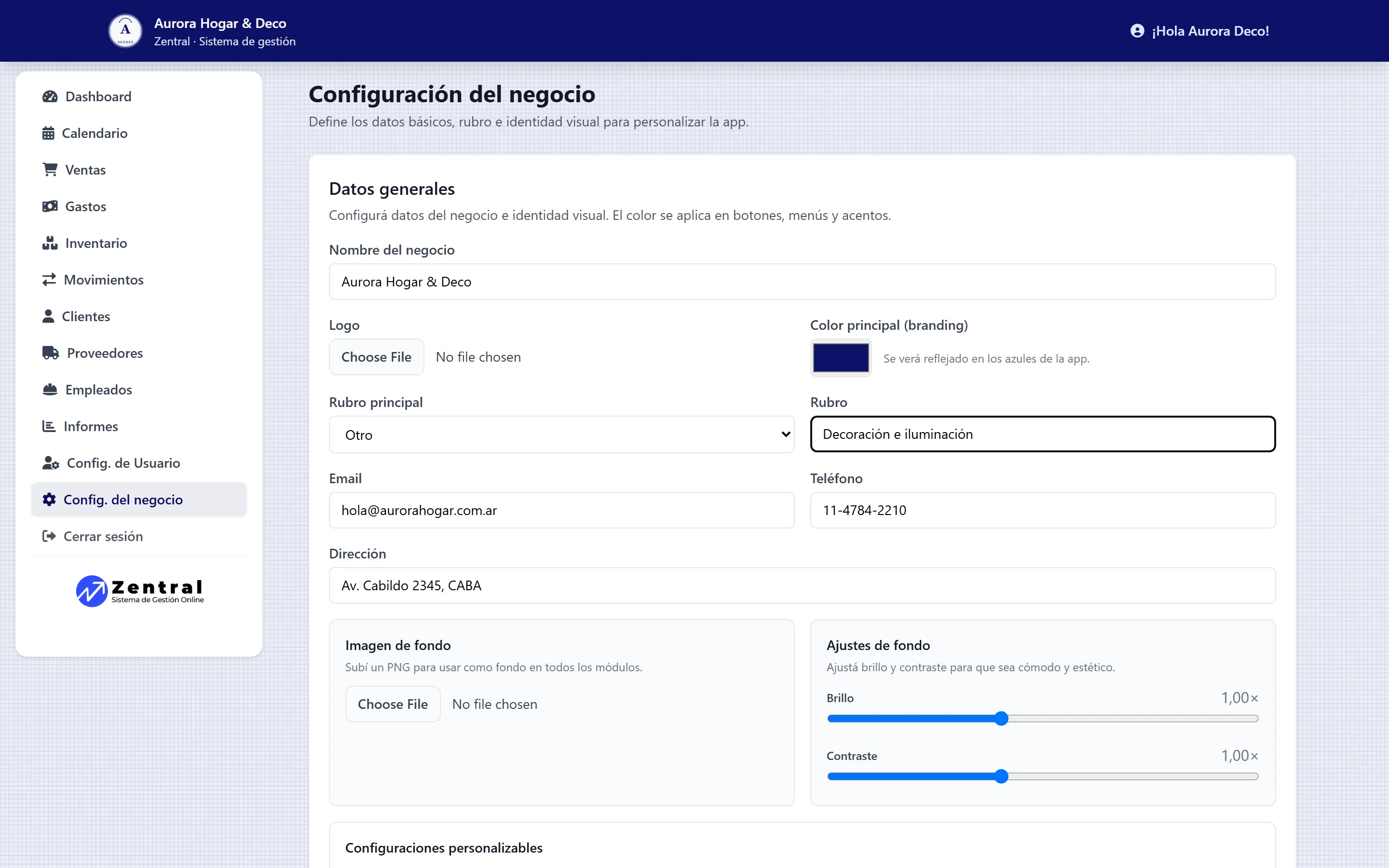 Pantalla de Configuración de Zentral con datos de un negocio de ejemplo