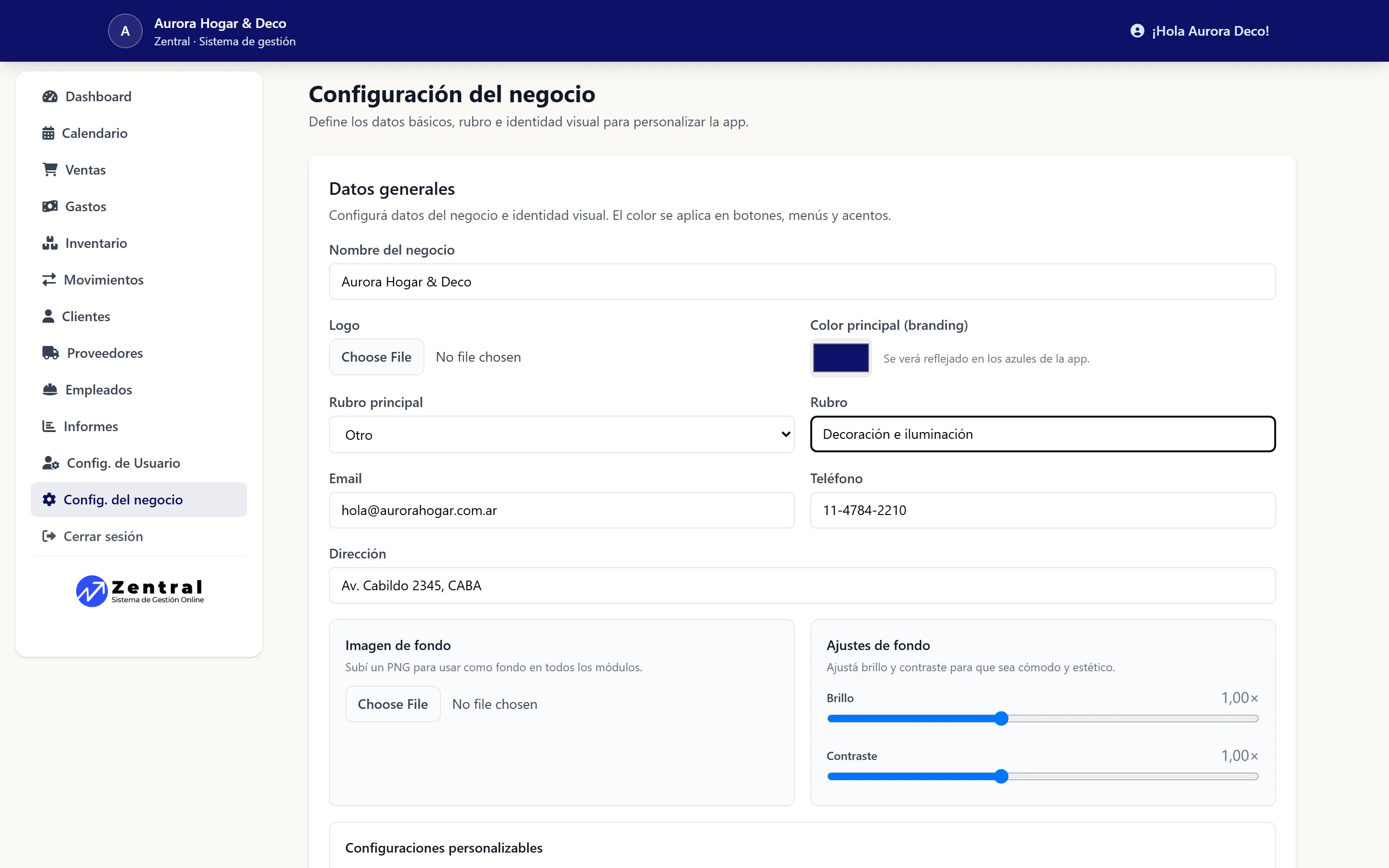 Pantalla de Configuración de Zentral con datos de un negocio de ejemplo