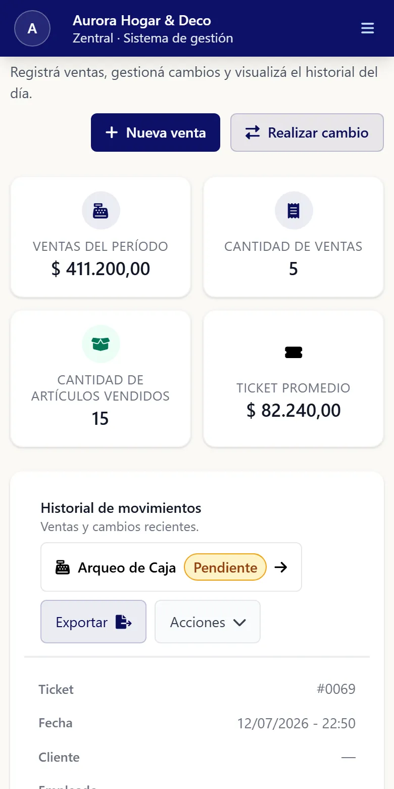 Zentral en el celular: ventas del día con arqueo de caja pendiente
