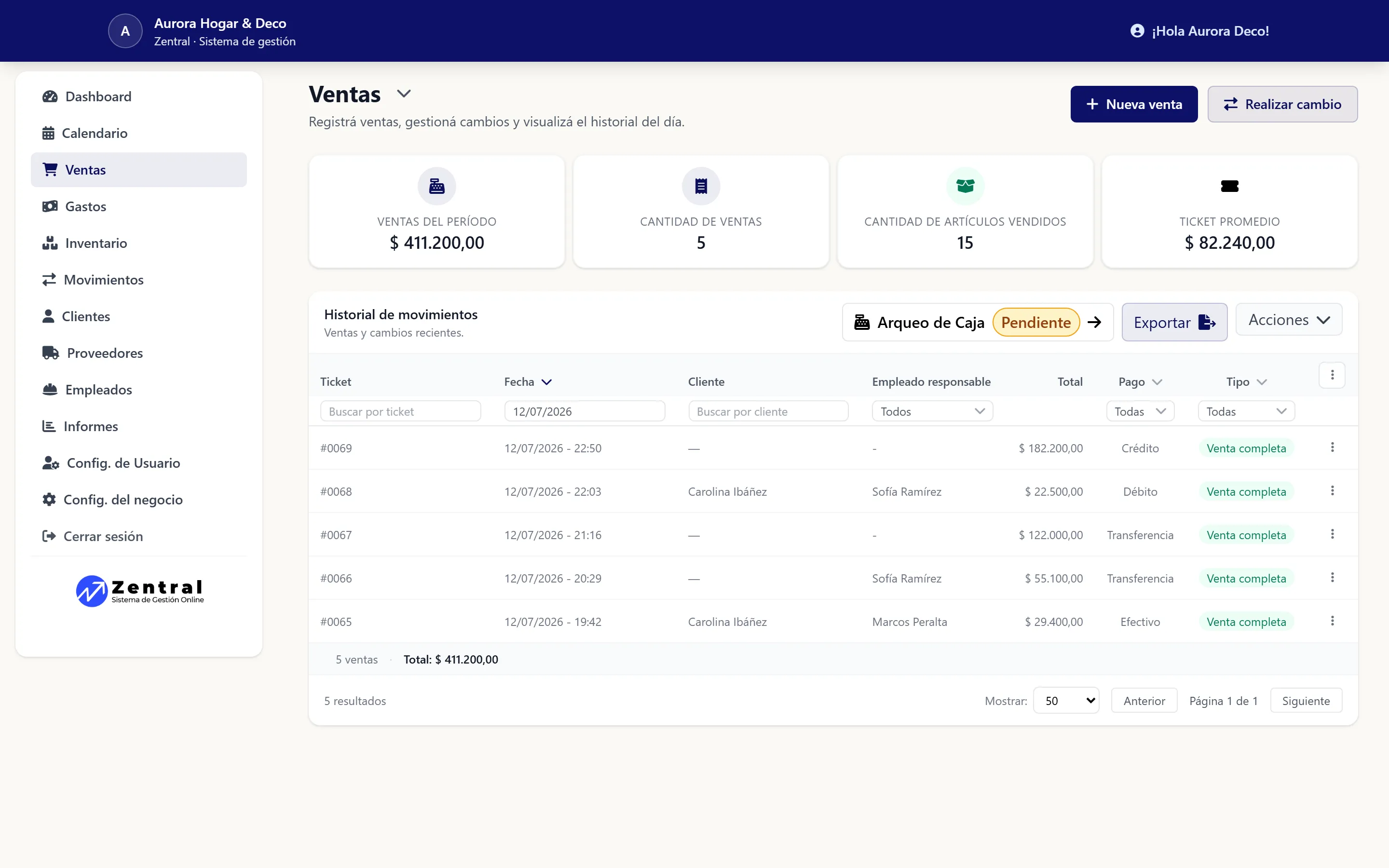 Pantalla de Ventas de Zentral: KPIs del día e historial de tickets con medios de pago